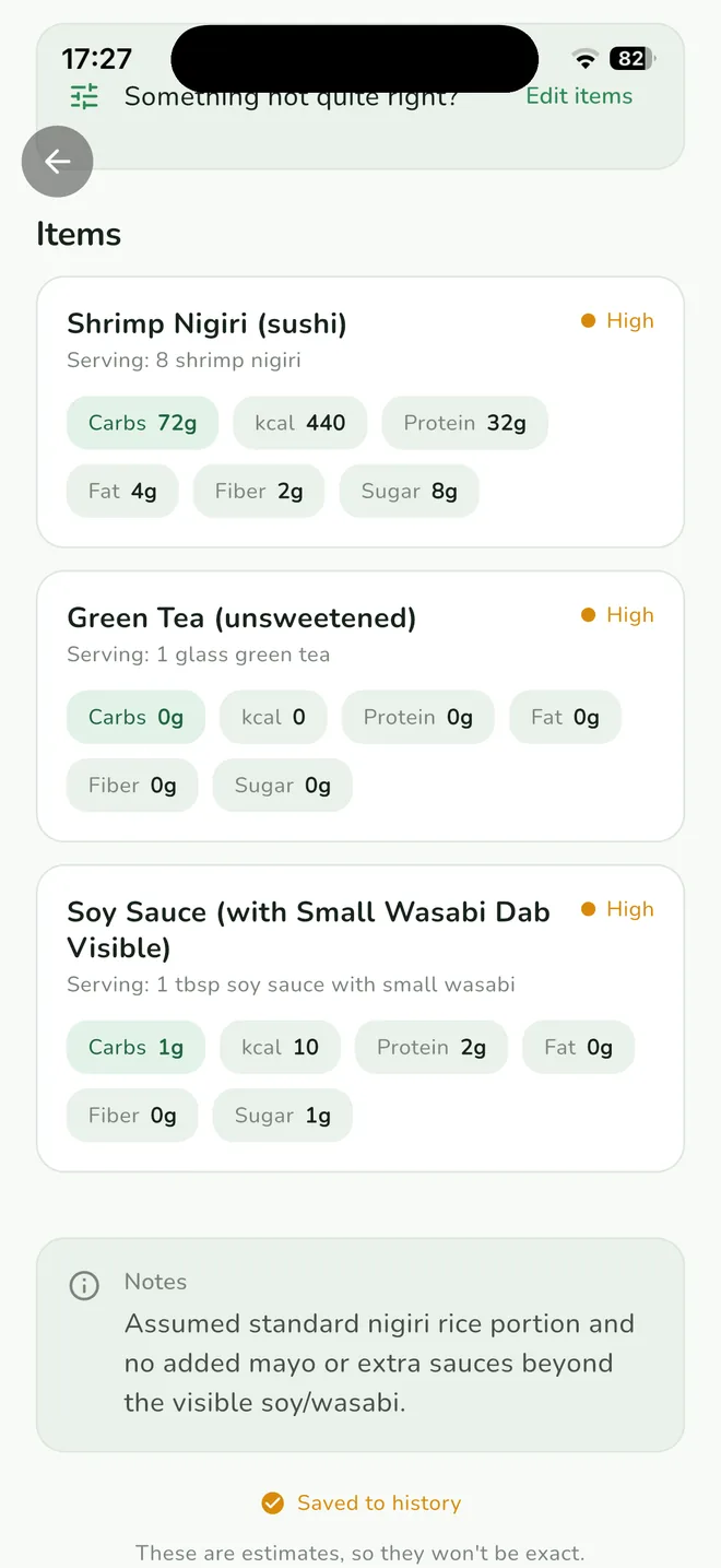 CarbIO breakdown per item: carbs, calories, protein, fat, fiber and sugar for each food detected